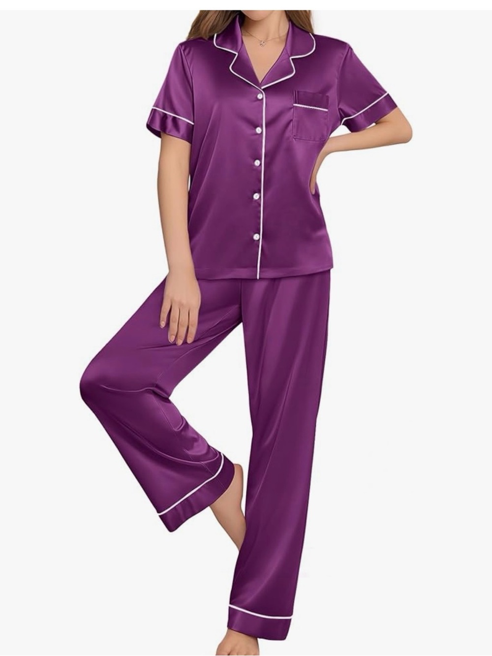 Satin Short-Sleeve Pajama Set in Wineberry